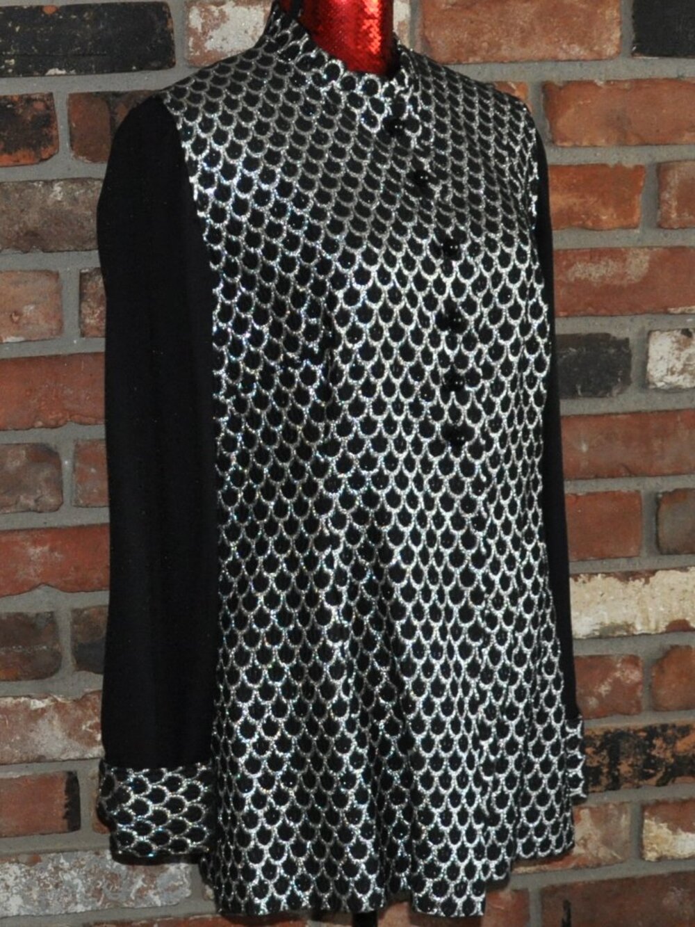 VINTAGE 70s Black & Silver Scalloped Print Mod GoGo Blazer Mini Dress M/L